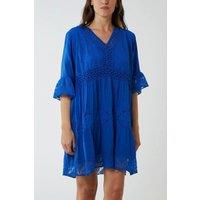 HOXTON GAL Women's Oversized 3/4 Sleeves Lace Detailed V Neck Mini Dress in Blue