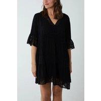 HOXTON GAL Women's Oversized 3/4 Sleeves Lace Detailed V Neck Mini Dress in Black