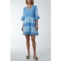 HOXTON GAL Women's Oversized 3/4 Sleeves Lace Detailed V Neck Mini Dress in Baby Blue
