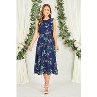 Yumi Women's Navy Floral Print Midi Skater Dress | Size: 10