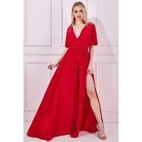 Goddiva Women's Wrap Front Maxi With Flutter Sleeves in Red | Size: 10