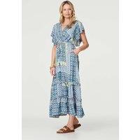 Izabel London Women's Printed Frill Sleeve Maxi Dress in Blue | Size: 14