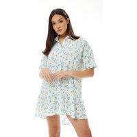 Liquorish Women's Blue Floral Mini Shirt Dress in White | Size: 10