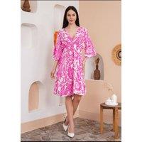 HOXTON GAL Women's Oversized V Neck Shirred Waist Floral Print Mini Dress in Pink