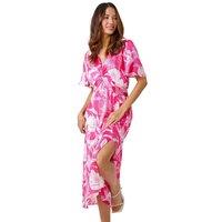 Roman Women's Floral Print Chiffon Twist Front Midi Dress in Pink | Size: 10
