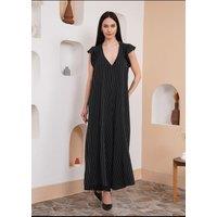 Oversized V Neck Stripe Printed Jumpsuit with Frill Details