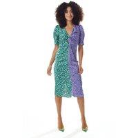 Liquorish Women's Green & Purple Abstract Print Knot Front Midi Dress | Size: 14