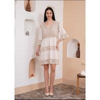 HOXTON GAL Women's Oversized 3/4 Sleeves Lace Detailed V Neck Mini Dress in Beige