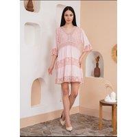 HOXTON GAL Women's Oversized 3/4 Sleeves Lace Detailed V Neck Mini Dress in Pink