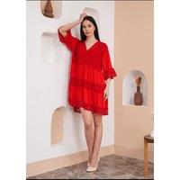 HOXTON GAL Women's Oversized 3/4 Sleeves Lace Detailed V Neck Mini Dress in Red