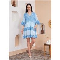 HOXTON GAL Women's Oversized 3/4 Sleeves Lace Detailed V Neck Mini Dress in Baby Blue