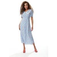 Liquorish Women's Gingham & Floral Midi Dress in Blue & White with Trim Lace Collar | Size: 10