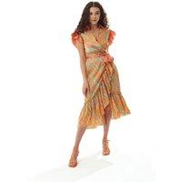 Liquorish Women's Midi Wrap Dress in Orange Scribble Print with Frill Details | Size: 8