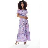Liquorish Women's Bird & Floral Print Off-Shoulder Maxi Dress in Lilac | Size: 12