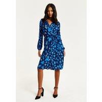 Liquorish Women's Blue Abstract Print Midi Fake Wrap Dress | Size: 14