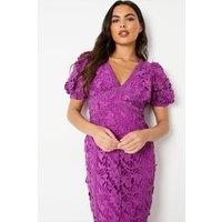Lace Pencil Midi Dress With Puff Sleeve