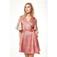 Liquorish Women's Orange Printed Mini Wrap Dress with Kimono Sleeves | Size: 16