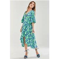 Liquorish Women's Blue Floral Midi Wrap Dress with Kimono Sleeves in Green | Size: 12