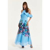 Liquorish Women's Floral Print Maxi Dress With Frill Details in Blue | Size: 10