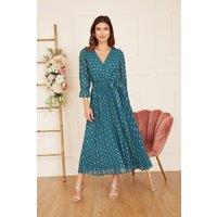 Yumi Women's Teal Foil Printed Pleated Wrap Midi Dress | Size: 10