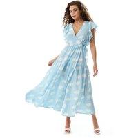 Liquorish Women's Cloud Print Midi Wrap Dress with Frill Sleeves in Blue | Size: 10