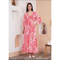 HOXTON GAL Women's Oversized V Neck Shirred Waist Floral Print Maxi Dress in Coral