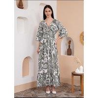 HOXTON GAL Women's Oversized V Neck Shirred Waist Floral Print Maxi Dress in Khaki
