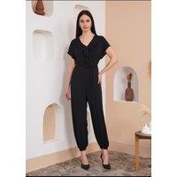 HOXTON GAL Women's Oversized Short Sleeves Frilled Front Jumpsuit in Black
