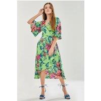 Liquorish Women's Green Floral Midi Wrap Dress | Size: 14