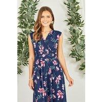 Yumi Women's Navy Floral Print Mesh Stretch Midi Dress With Pockets | Size: 8
