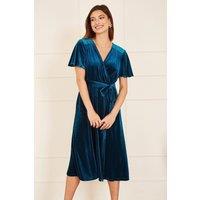 Yumi Women's Teal Wrap Over Midi Dress With Angel Sleeves & Split Hem | Size: 12