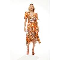 Liquorish Women's Fake Wrap Midi Dress In Orange Floral | Size: 10