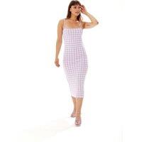 Liquorish Women's Knitted Midi Dress in Lilac & White Check | Size: S/M