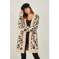 Yumi Women's Beige Animal Print Intarsia Knit Long Cardigan | Size: S/M