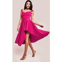 Goddiva Women's Asymmetric Flared Hem Midi Dress in Magenta | Size: 12