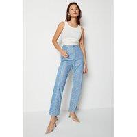 Warehouse Women's Sequin Straight Leg Denim Jeans in Mid Blue | Size: 8