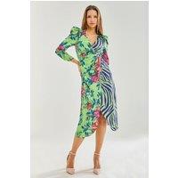 Liquorish Women's Midi Dress in Floral & Animal Contrast Print with Waist Wrap Detail in Green | Size: 14