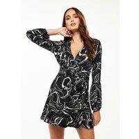 Liquorish Women's Scribble Print Mini Wrap Dress with Long Sleeves in Black | Size: 14