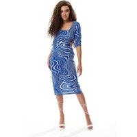 Liquorish Women's Marble Print Jersey Midi Dress with Cut Out Details in Blue | Size: 10