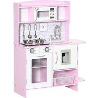 HOMCOM Kids Kitchen Playset Wooden Play Kitchen with Water Dispenser, Microwave in Pink