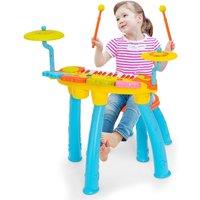 Costway Kids Drum & Electric Keyboard Set 24 Key Piano Keyboard DJ Drum With Stool in Blue