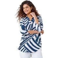 Roman Women's Linear Print V-Neck Pleat Front Tunic Top in Navy | Size: 12