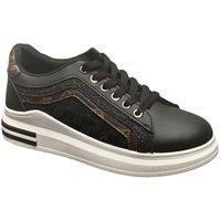 IVACHY Women's Fashion Glitter with Print Pattern Lace-Up Chunky Wedges Trainers in Black | Size: 7