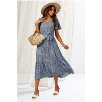 FS Collection Women's Leopard Print Hem Tiered Wrap Midi Dress In Blue | Size: Small