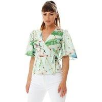 Liquorish Women's Bird Print Wrap Top in Mint Green | Size: 12