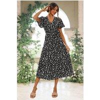 FS Collection Women's White Floral Print Hem Tiered Wrap Midi Dress In Black | Size: Small