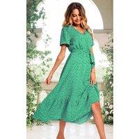 FS Collection Women's White Little Flower Print Short Sleeve Wrap Style Midi Dress In Green | Size: Small