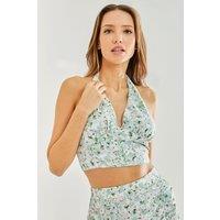 Liquorish Women's Green Floral Halterneck Crop Top | Size: 8