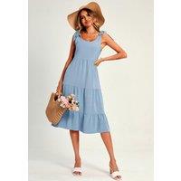 FS Collection Women's Relaxed Linen Self Tie Shoulder Tiered Midi Dress In Light Blue | Size: XS