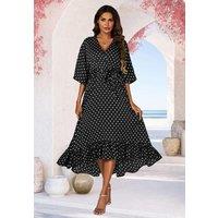 FS Collection Women's Polka Dot Print Wrap Top Kimono Sleeve Maxi Dress In Black | Size: Small
